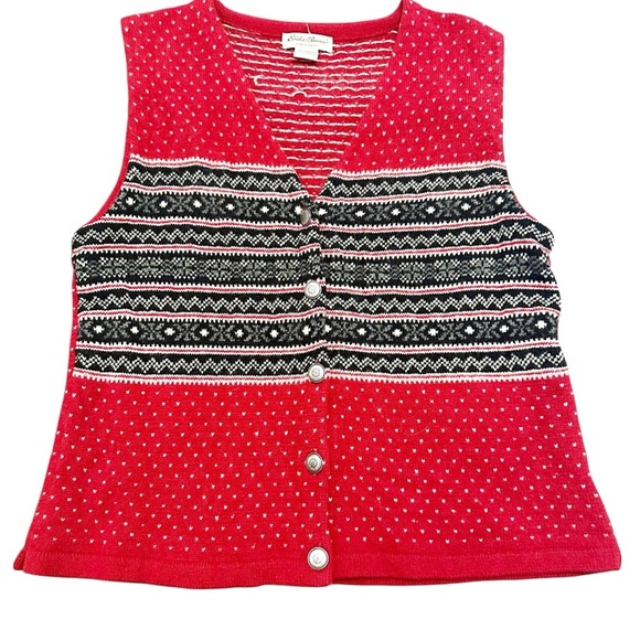 Eddie Bauer Red knit lambs wool sweater vest with button up front size medium - Picture 1 of 7
